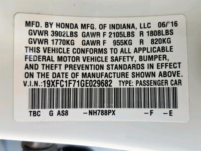 19XFC1F71GE029682 - 2016 HONDA CIVIC EXL WHITE photo 10