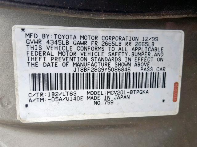 JT8BF28G9Y5086846 - 2000 LEXUS ES 300 GOLD photo 10