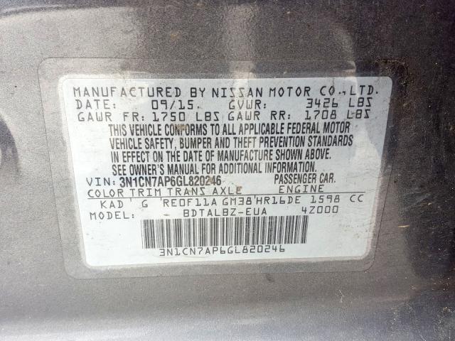 3N1CN7AP6GL820246 - 2016 NISSAN VERSA S  photo 10