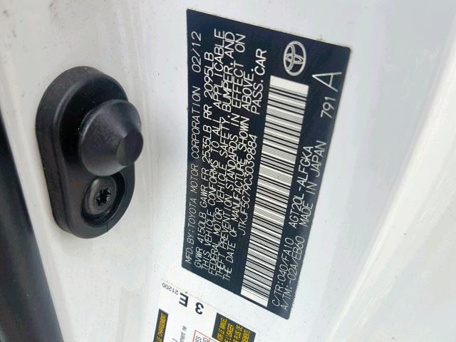 JTKJF5C79C3039884 - 2012 TOYOTA SCION TC თეთრი ფოტო 10