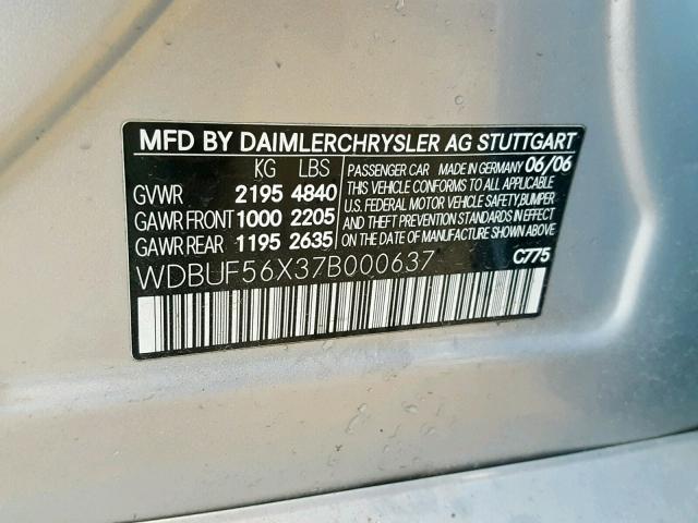 WDBUF56X37B000637 - 2007 MERCEDES-BENZ E 350 SILVER photo 10