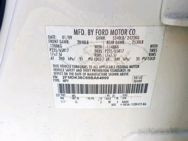 2FMDK36C69BA64999 - 2009 FORD EDGE SE WHITE photo 10