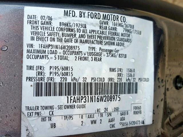 1FAHP31N16W208975 - 2006 FORD FOCUS ZX3 GRAY photo 10