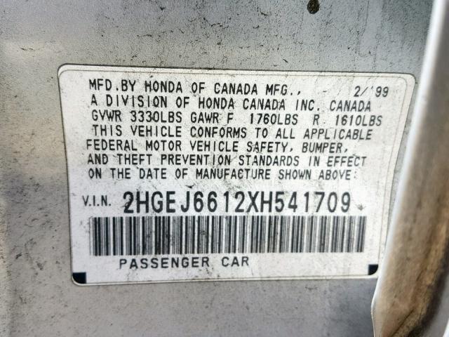 2HGEJ6612XH541709 - 1999 HONDA CIVIC BASE Gümüş foto 10