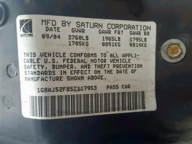1G8AJ52F85Z117953 - 2005 SATURN ION LEVEL TURQUOISE photo 10