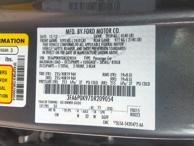 3FA6P0K97DR209054 - 2013 FORD FUSION TIT GRAY photo 10