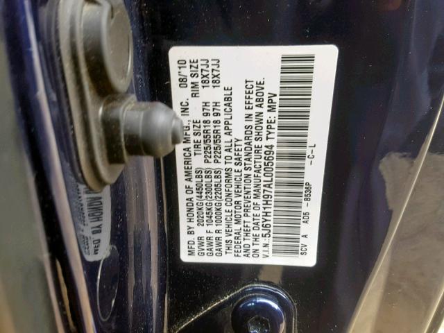 5J6YH1H97AL005694 - 2010 HONDA ELEMENT SC BLUE photo 10