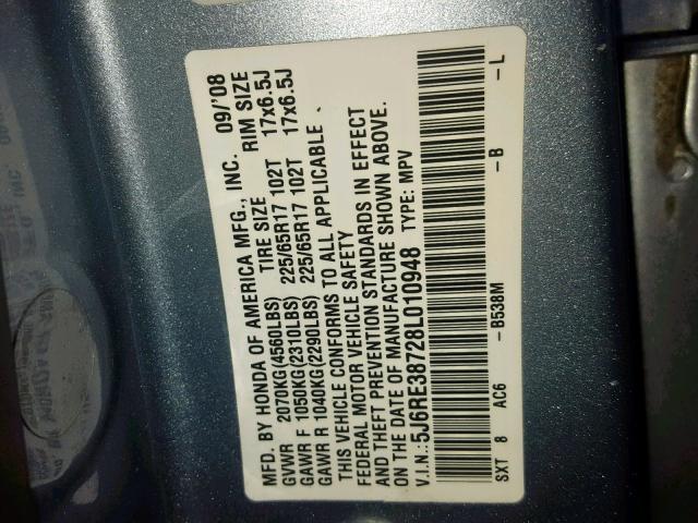 5J6RE38728L010948 - 2008 HONDA CR-V EXL BLUE photo 10