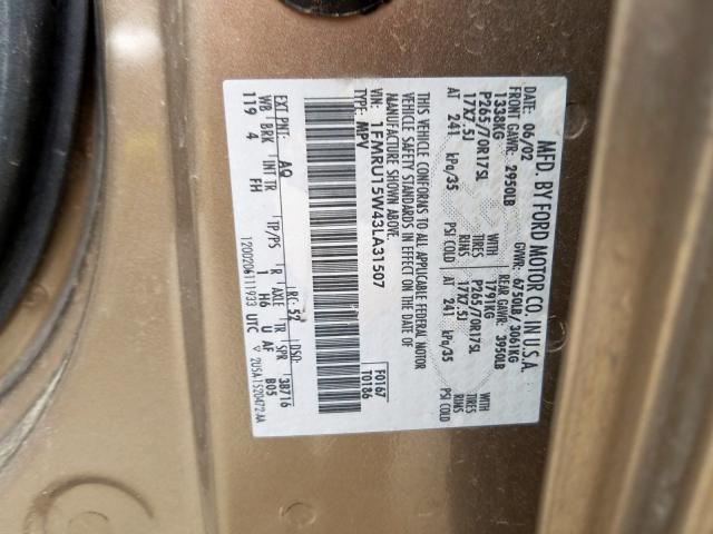 1FMRU15W43LA31507 - 2003 FORD EXPEDITION XLT  photo 10