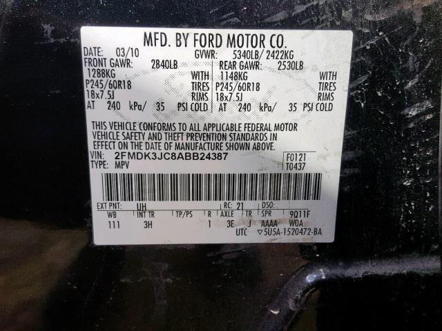 2FMDK3JC8ABB24387 - 2010 FORD EDGE SEL BLACK photo 10