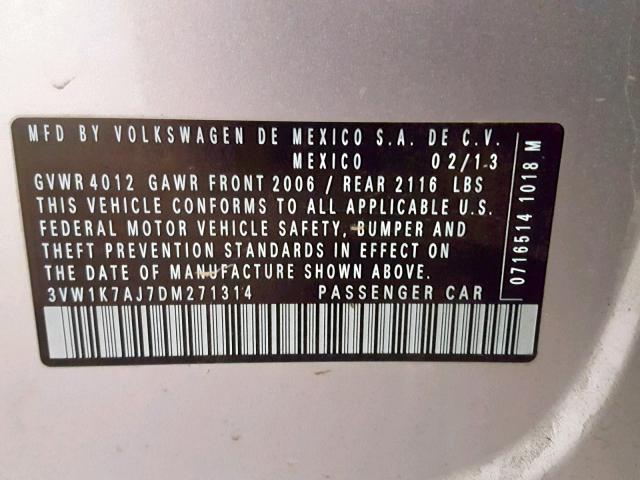 3VW1K7AJ7DM271314 - 2013 VOLKSWAGEN JETTA BASE SILVER photo 10