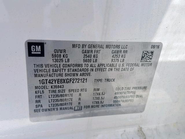 1GT42YE8XGF272121 - 2016 GMC SIERRA K35 WHITE photo 10