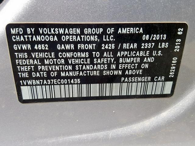 1VWBN7A37EC001435 - 2014 VOLKSWAGEN PASSAT SE SILVER photo 10