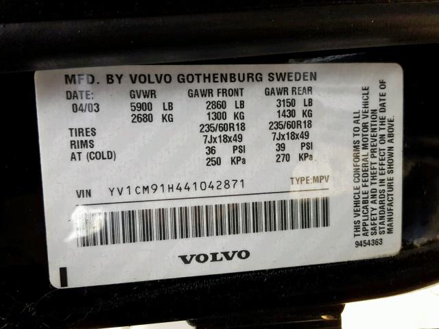 YV1CM91H441042871 - 2004 VOLVO XC90 T6 BLACK photo 10