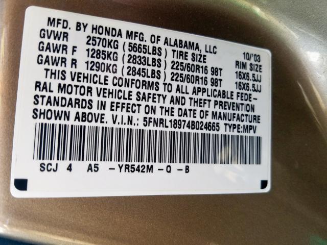 5FNRL18974B024665 - 2004 HONDA ODYSSEY EXL  photo 10