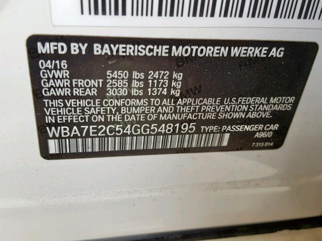 WBA7E2C54GG548195 - 2016 BMW 740 I WHITE photo 10