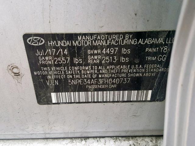 5NPE34AF3FH040737 - 2015 HYUNDAI SONATA SPO SILVER photo 10