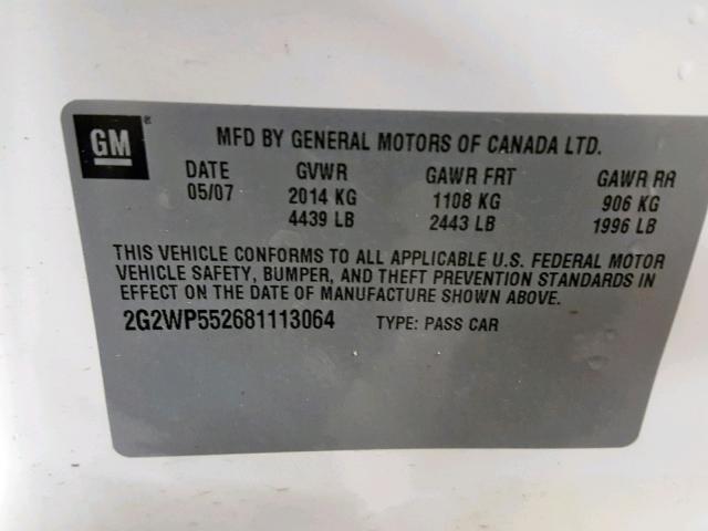 2G2WP552681113064 - 2008 PONTIAC GRAND PRIX WHITE photo 10