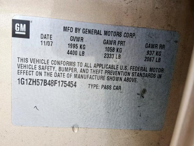 1G1ZH57B48F175454 - 2008 CHEVROLET MALIBU 1LT GOLD photo 10