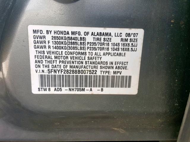 5FNYF28288B007522 - 2008 HONDA PILOT VP GRAY photo 10