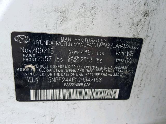 5NPE24AF1GH342158 - 2016 HYUNDAI SONATA SE WHITE photo 10