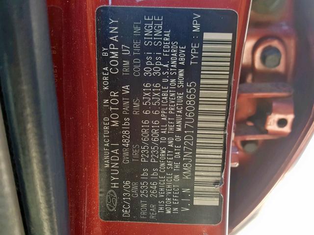 KM8JN72D17U608655 - 2007 HYUNDAI TUCSON SE RED photo 10