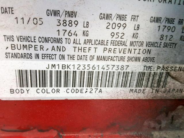 JM1BK123561457387 - 2006 MAZDA 3 S RED photo 10