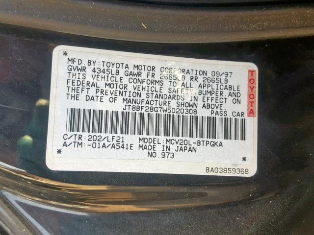 JT8BF28G7W5020308 - 1998 LEXUS ES 300 BLACK photo 10