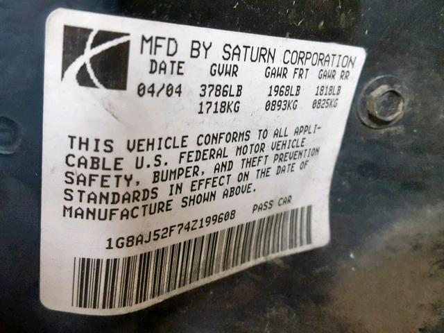 1G8AJ52F74Z199608 - 2004 SATURN ION LEVEL SILVER photo 10