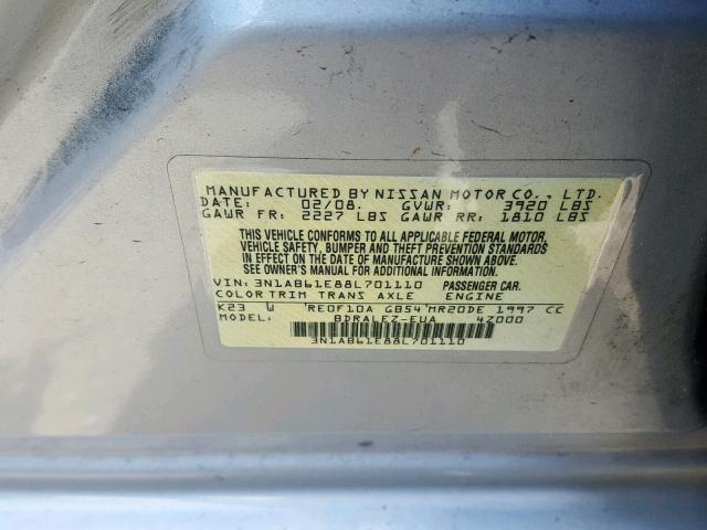 3N1AB61E88L701110 - 2008 NISSAN SENTRA 2.0 SILVER photo 10