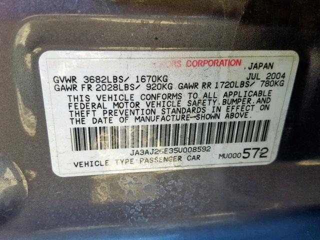 JA3AJ26E35U008592 - 2005 MITSUBISHI LANCER ES GRAY photo 10