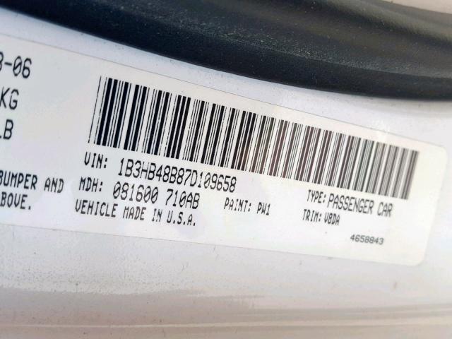 1B3HB48B87D109658 - 2007 DODGE CALIBER SX WHITE photo 10