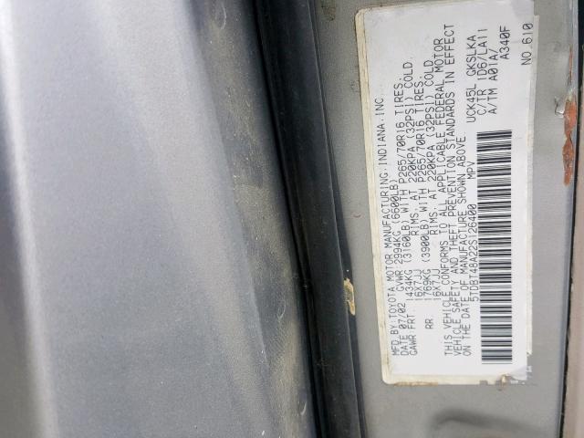 5TDBT48A22S126400 - 2002 TOYOTA SEQUOIA LI SILVER photo 10