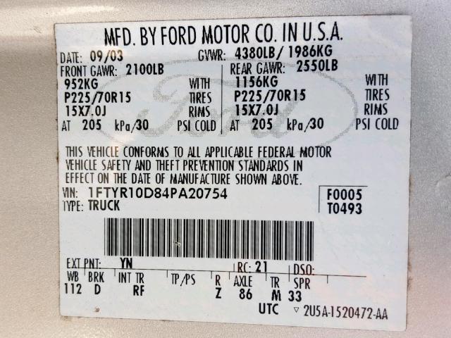 1FTYR10D84PA20754 - 2004 FORD RANGER SILVER photo 10