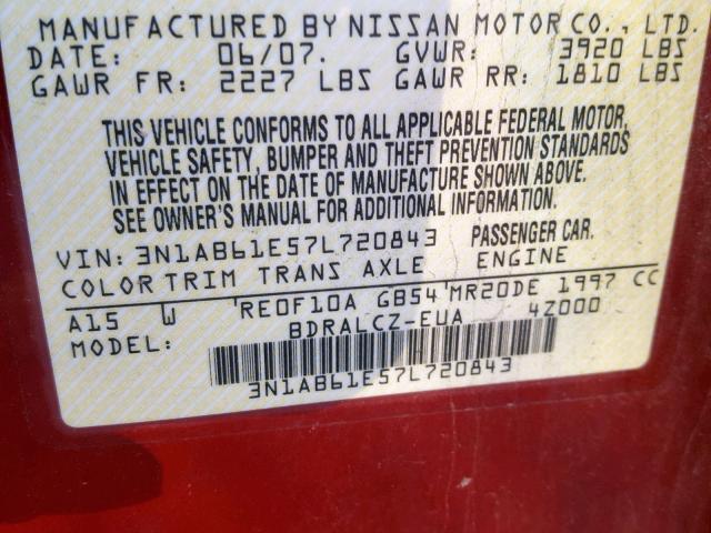 3N1AB61E57L720843 - 2007 NISSAN SENTRA 2.0 RED photo 10