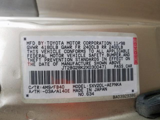 JT2BG28K2X0300471 - 1999 TOYOTA CAMRY LE  photo 10