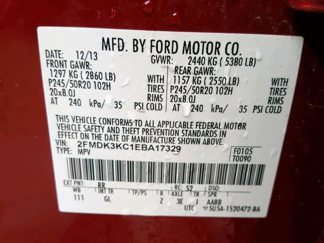 2FMDK3KC1EBA17329 - 2014 FORD EDGE LIMIT BURGUNDY photo 10