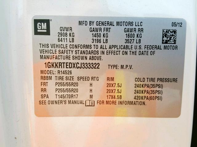 1GKKRTEDXCJ333322 - 2012 GMC ACADIA DEN WHITE photo 10