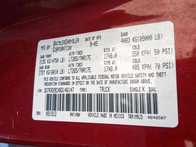 3D7KR29CX6G146147 - 2006 DODGE RAM 2500 RED photo 10