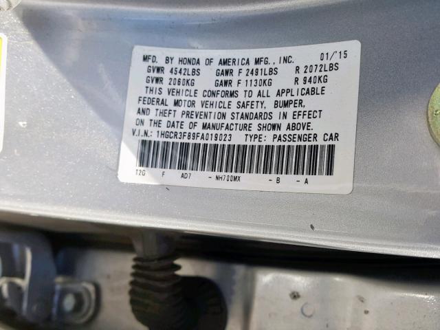 1HGCR3F89FA019023 - 2015 HONDA ACCORD EXL SILVER photo 10