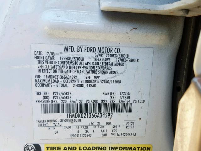 1FMDK02136GA34592 - 2006 FORD FREESTYLE WHITE photo 10