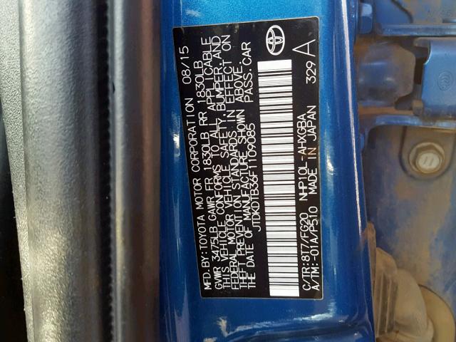 JTDKDTB36F1109085 - 2015 TOYOTA PRIUS C BLUE photo 10