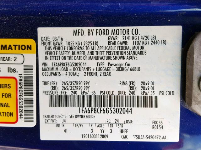 1FA6P8CF6G5302044 - 2016 FORD MUSTANG GT BLUE photo 10