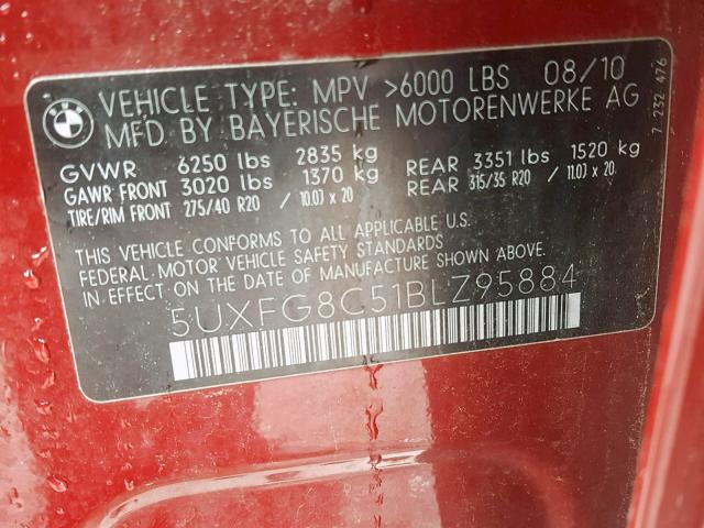 5UXFG8C51BLZ95884 - 2011 BMW X6 XDRIVE5 მუქწითელი ფოტო 10