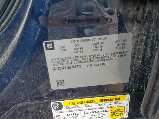 1G1ZC5E11BF254712 - 2011 CHEVROLET MALIBU 1LT 蓝色 照片 10