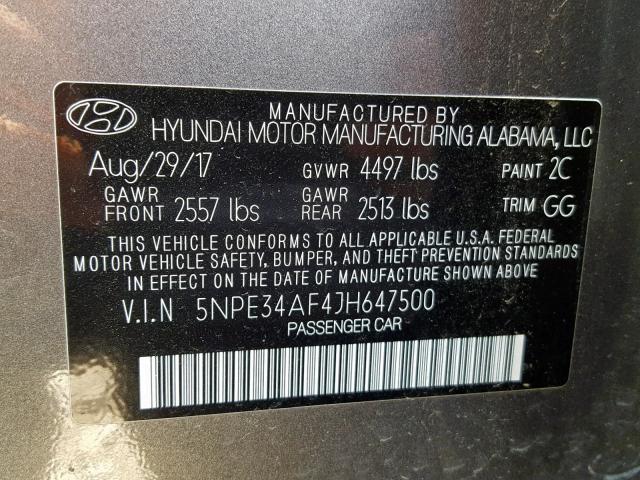 5NPE34AF4JH647500 - 2018 HYUNDAI SONATA SPO GRAY photo 10