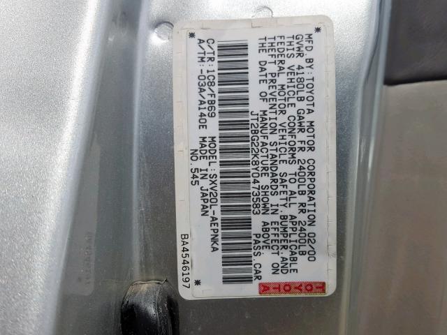 JT2BG22K8Y0473583 - 2000 TOYOTA CAMRY CE SILVER photo 10