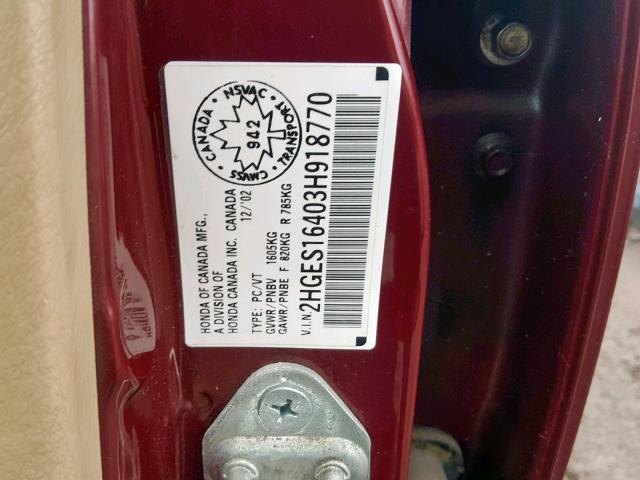 2HGES16403H918770 - 2003 HONDA CIVIC DX BURGUNDY photo 10