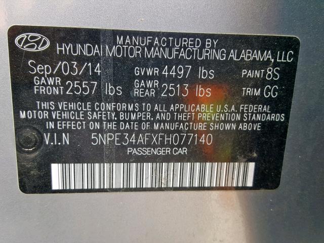 5NPE34AFXFH077140 - 2015 HYUNDAI SONATA SPO SILVER photo 10