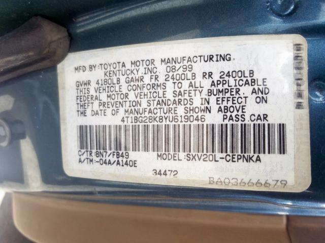 4T1BG28K8YU619046 - 2000 TOYOTA CAMRY CE  photo 10